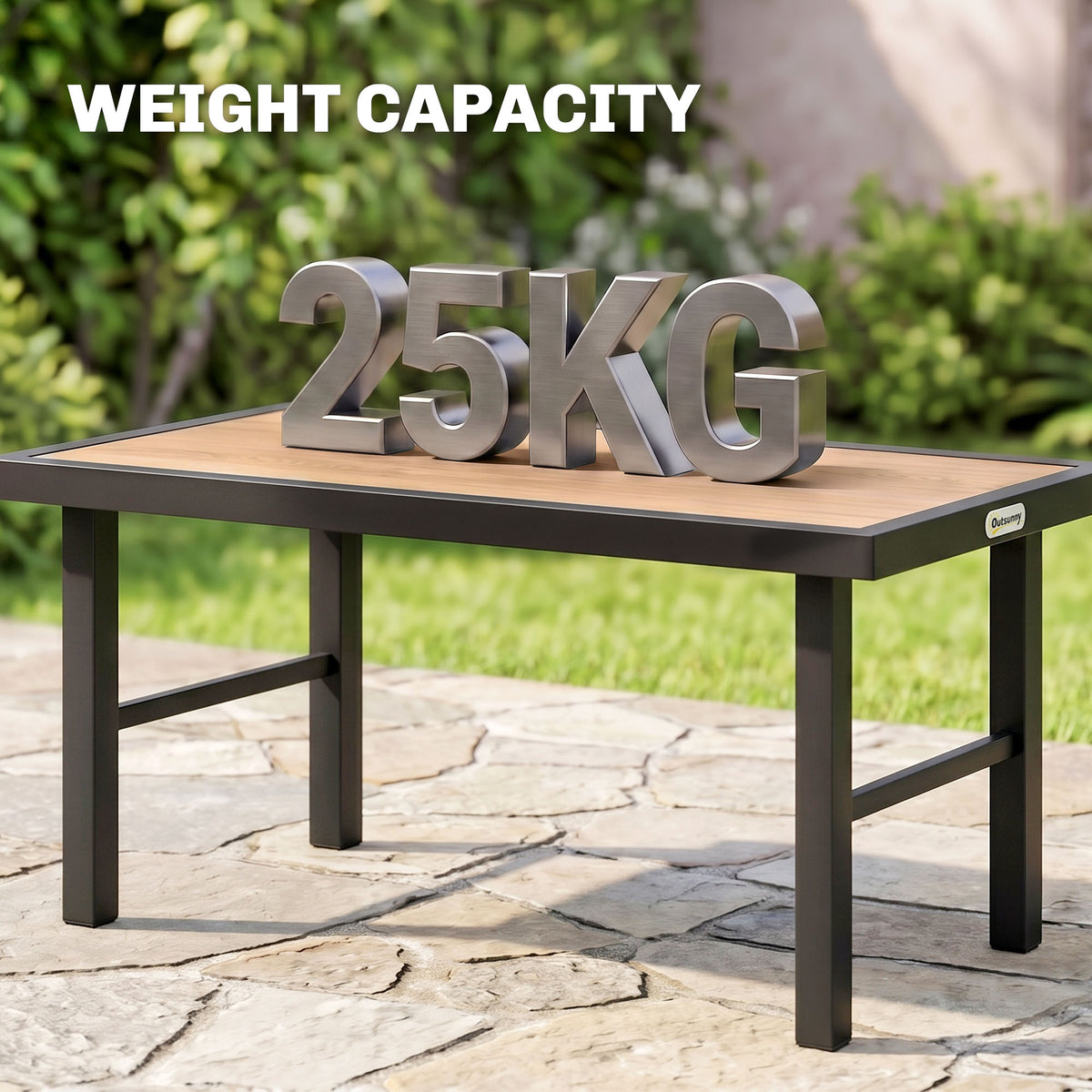 Outsunny coffee table supporting a 25 kg weight on its woodgrain top