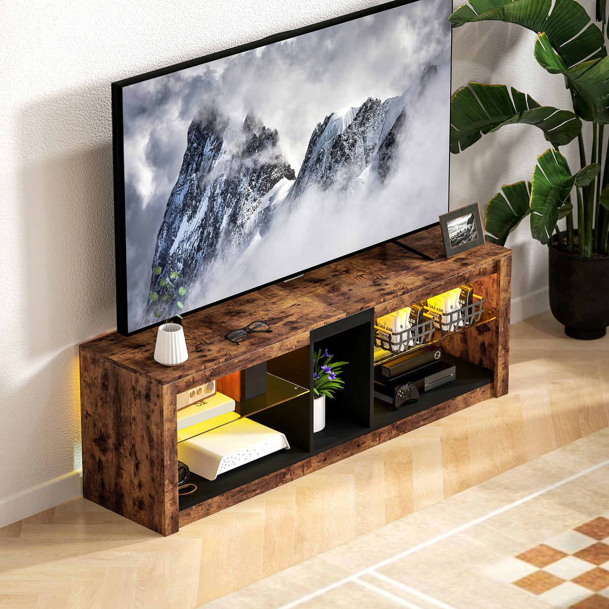 Rustic brown TV stand with open shelves, center compartment and LED lighting