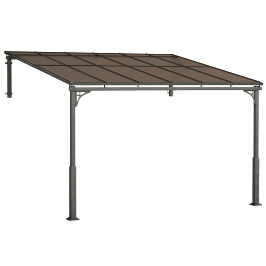 Photo of Outsunny 3.4 x 3 m Metal Lean-to Pergola, Wall-Mounted Garden Pergola with Polycarbonate Roof and Metal-Aluminium Frame, Brown in Brown colour on a white background