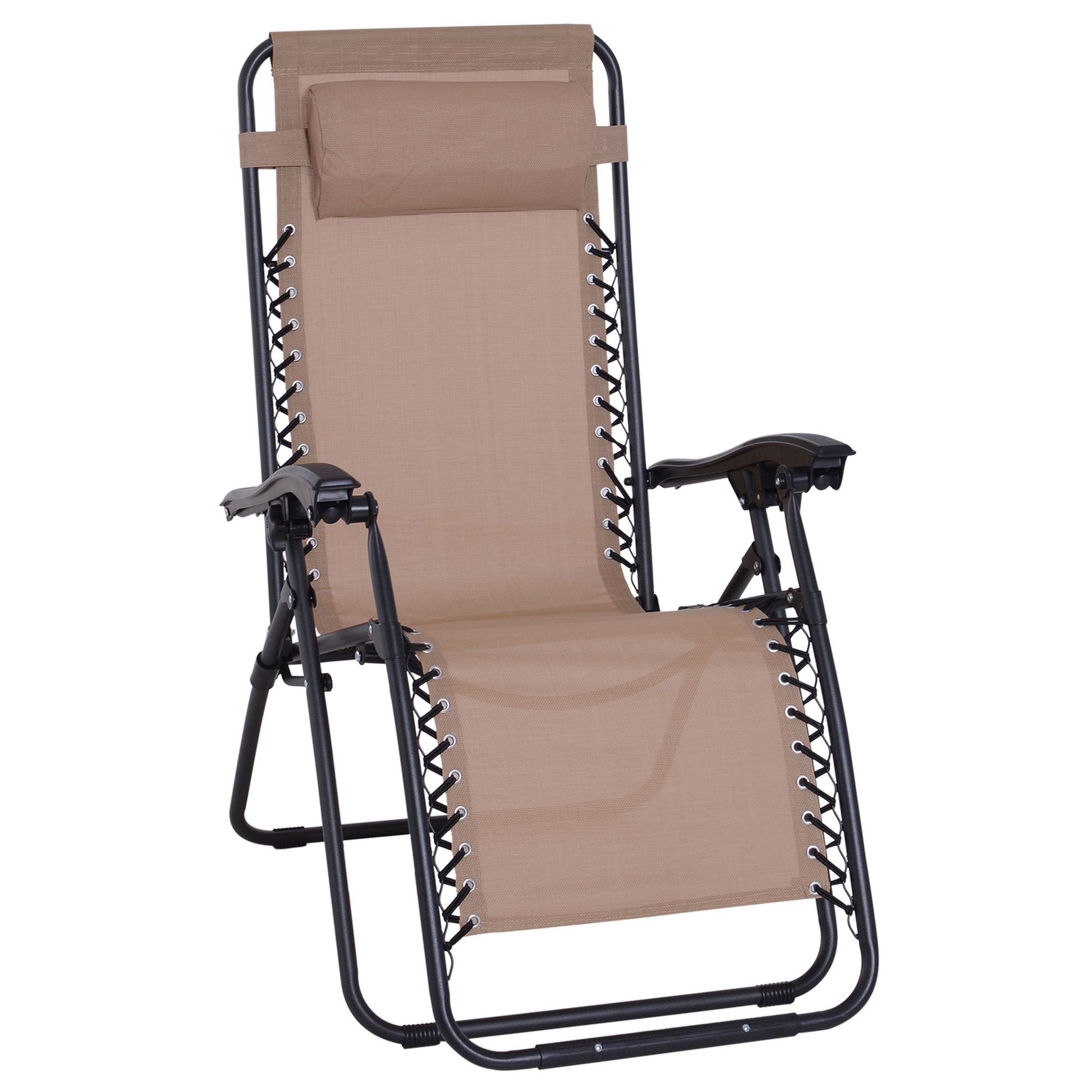 Photo of Outsunny Zero Gravity Chair Metal Frame Texteline Armchair Outdoor Folding and Reclining Sun Lounger with Head Pillow for Patio Decking Gardens Camping, Beige in Beige colour on a white background