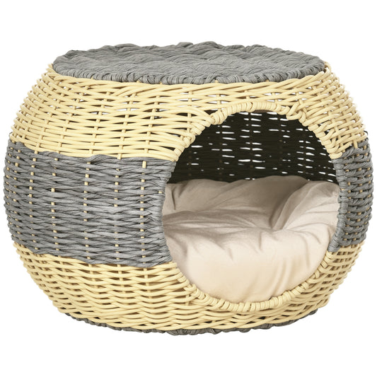 Photo of PawHut Wicker Cat House, Rattan Raised Cat Bed, Cosy Kitten Cave with Soft Washable Cushion, Φ40 x 30cm in 30cm colour on a white background