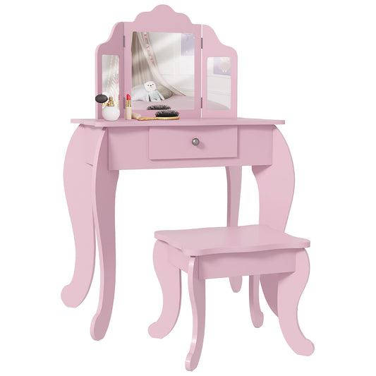 Photo of HOMCOM Kids Vanity Table and Chair Set with Tri-Folding Mirror and Stool, Makeup Dressing Table with Drawer, Pink in Pink colour on a white background