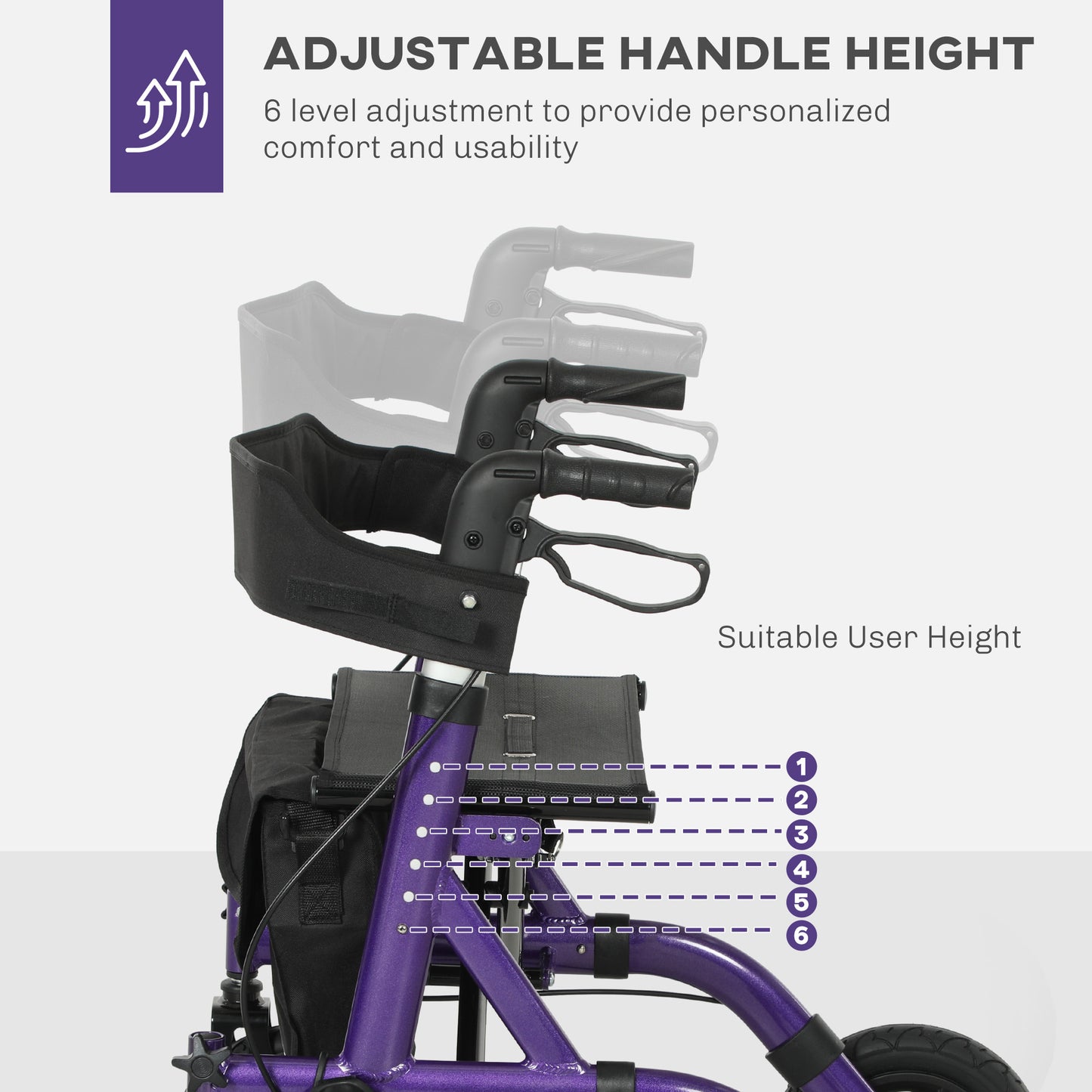 HOMCOM Folding Adjustable Rollator with Dual Brakes & 6 Adjustable Handle Heights for Seniors Purple