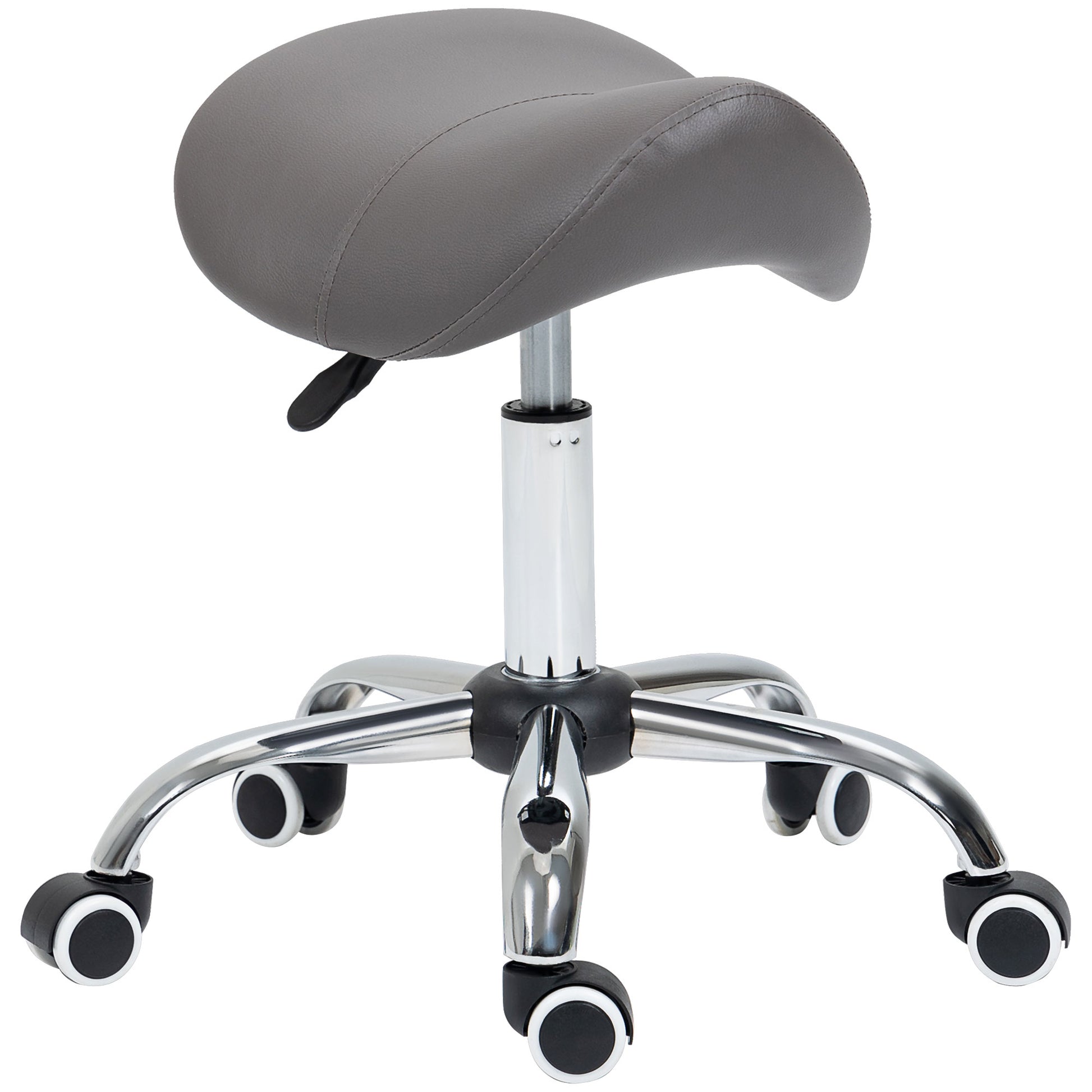 Photo of HOMCOM Cosmetic Stool 360° Rotate Height Adjustable Salon Massage Spa Chair Hydraulic Rolling Faux Leather Saddle Stool, Grey in Grey colour on a white background