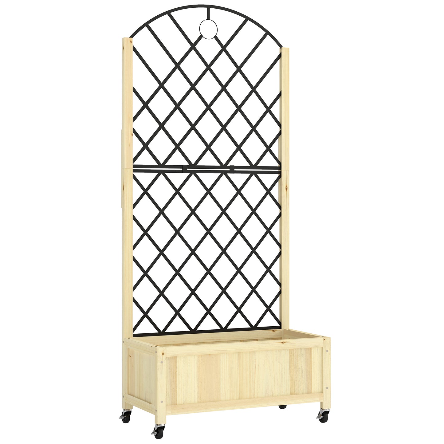 Photo of Outsunny Raised Garden Bed with Metal Trellis, Wooden Elevated Planter Box with Lockable Wheels, Outdoor Raised Planter, Natural in Natural colour on a white background