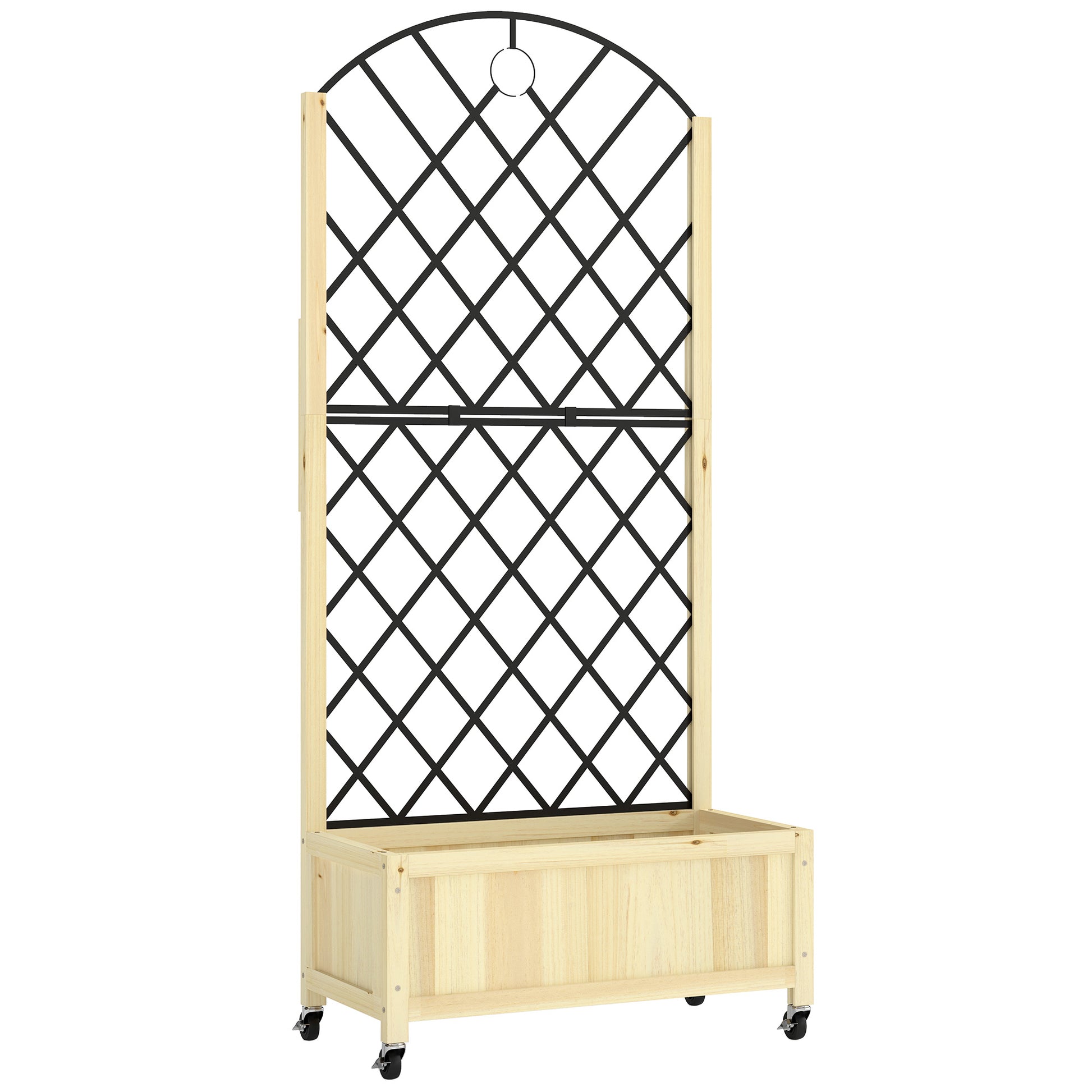 Photo of Outsunny Raised Garden Bed with Metal Trellis, Wooden Elevated Planter Box with Lockable Wheels, Outdoor Raised Planter, Natural in Natural colour on a white background
