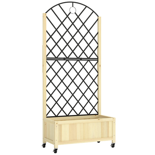 Photo of Outsunny Raised Garden Bed with Metal Trellis, Wooden Elevated Planter Box with Lockable Wheels, Outdoor Raised Planter, Natural in Natural colour on a white background