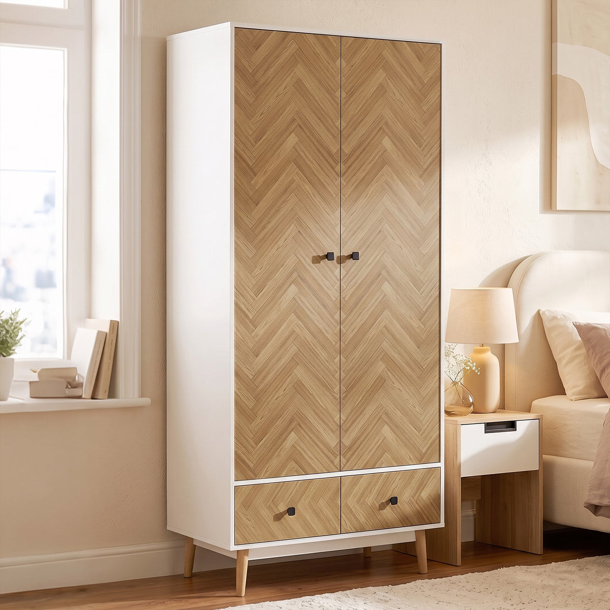 HOMCOM Cabinet Wood-Effect Sticker Surface, Modern Wardrobe with 2 Hanging Rods, 2 Storage Shelves and 2 Drawers, White