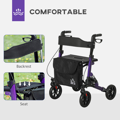 Purple rollator walker with padded backrest, seat, storage bag and four wheels