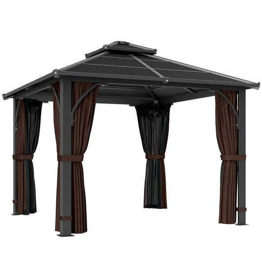 Photo of Outsunny 3 x 3(m) Hardtop Gazebo Canopy with 7mm Polycarbonate Double-Tier Roof, Garden Gazebo Permanent Pavilion with Mosquito Netting and Curtains for Patio, Terrace, Brown in Brown colour on a white background