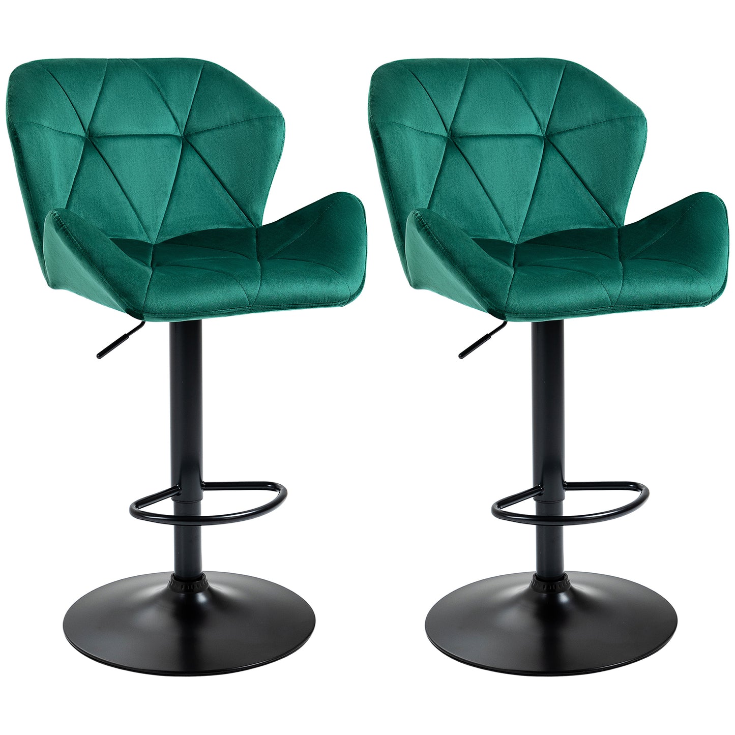 Photo of HOMCOM Bar Stools Set Of 2, Velvet-Touch Barstools with Metal Frame Footrest and Adjustable Height, Green in Green colour on a white background
