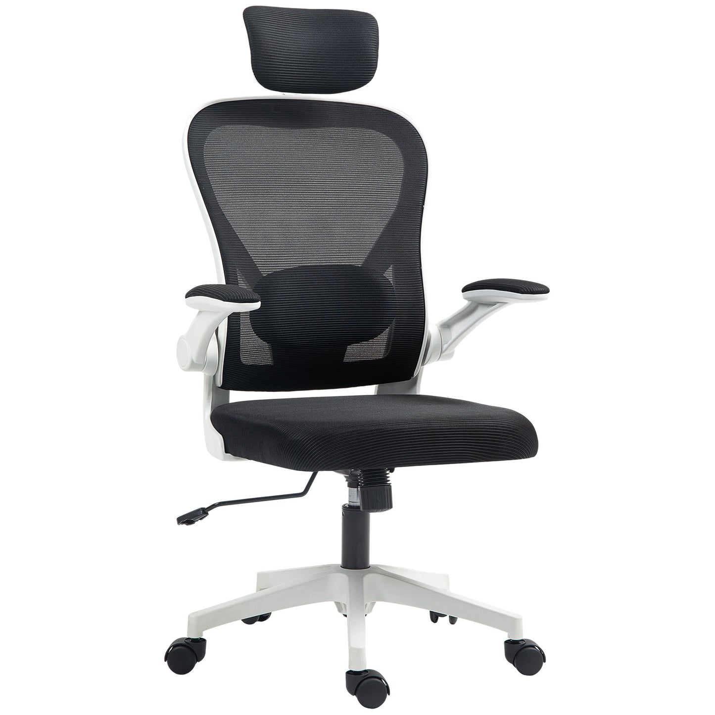Photo of HOMCOM Executive Office Chair, Ergonomic Mesh High Back Desk Chair with Flip-up Armrest, Rotatable Headrest, Adjustable Lumbar Support for Home Study, Black in Black colour on a white background