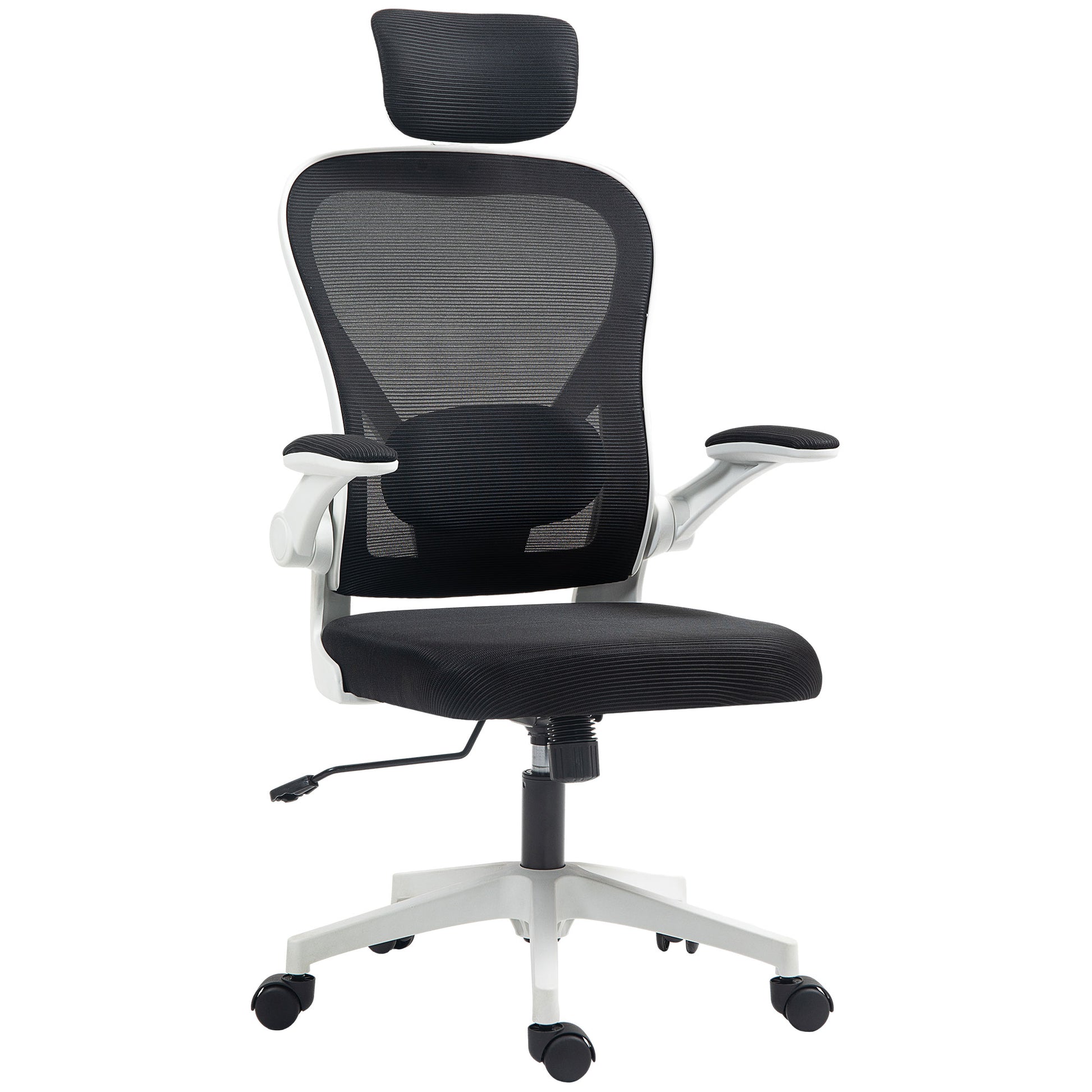 Photo of HOMCOM Executive Office Chair, Ergonomic Mesh High Back Desk Chair with Flip-up Armrest, Rotatable Headrest, Adjustable Lumbar Support for Home Study, Black in Black colour on a white background