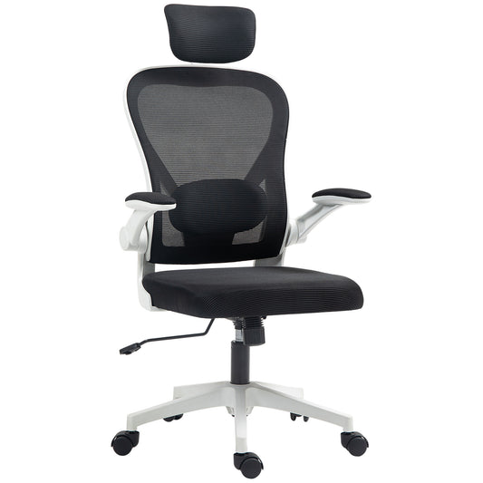 Photo of HOMCOM Executive Office Chair, Ergonomic Mesh High Back Desk Chair with Flip-up Armrest, Rotatable Headrest, Adjustable Lumbar Support for Home Study, Black in Black colour on a white background
