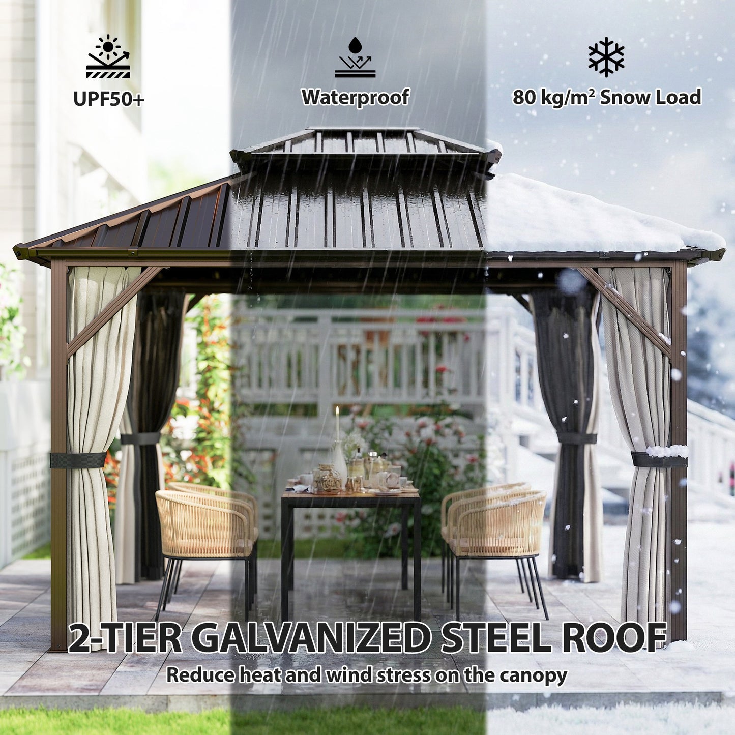 Outsunny 3x3.6 m Hardtop Gazebo Canopy with UPF50+ Double Galvanised Steel Roof, Aluminium Garden Gazebo Permanent Pavilion, Brown