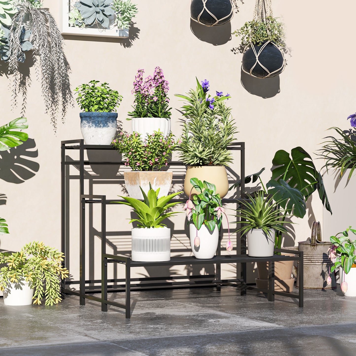 Outsunny Three-Tier Metal Plant Shelf - Black