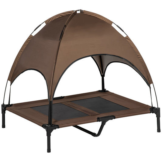 Photo of PawHut Outdoor Dog Bed with Removable Canopy, Portable Raised Dog Bed for Camping, Garden & Beach, Water-Resistant UV-Protection Mesh Pet Cot Sun Lounger, for Large Pets, 92 x 76 x 90 cm, Brown in Brown colour on a white background