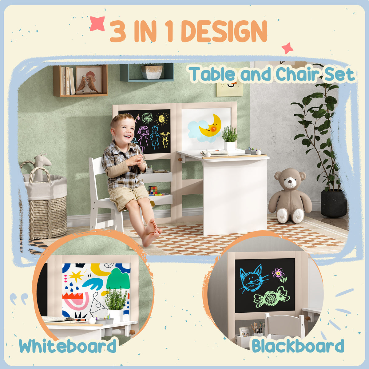 Children's table and chair set shown with whiteboard and blackboard surfaces