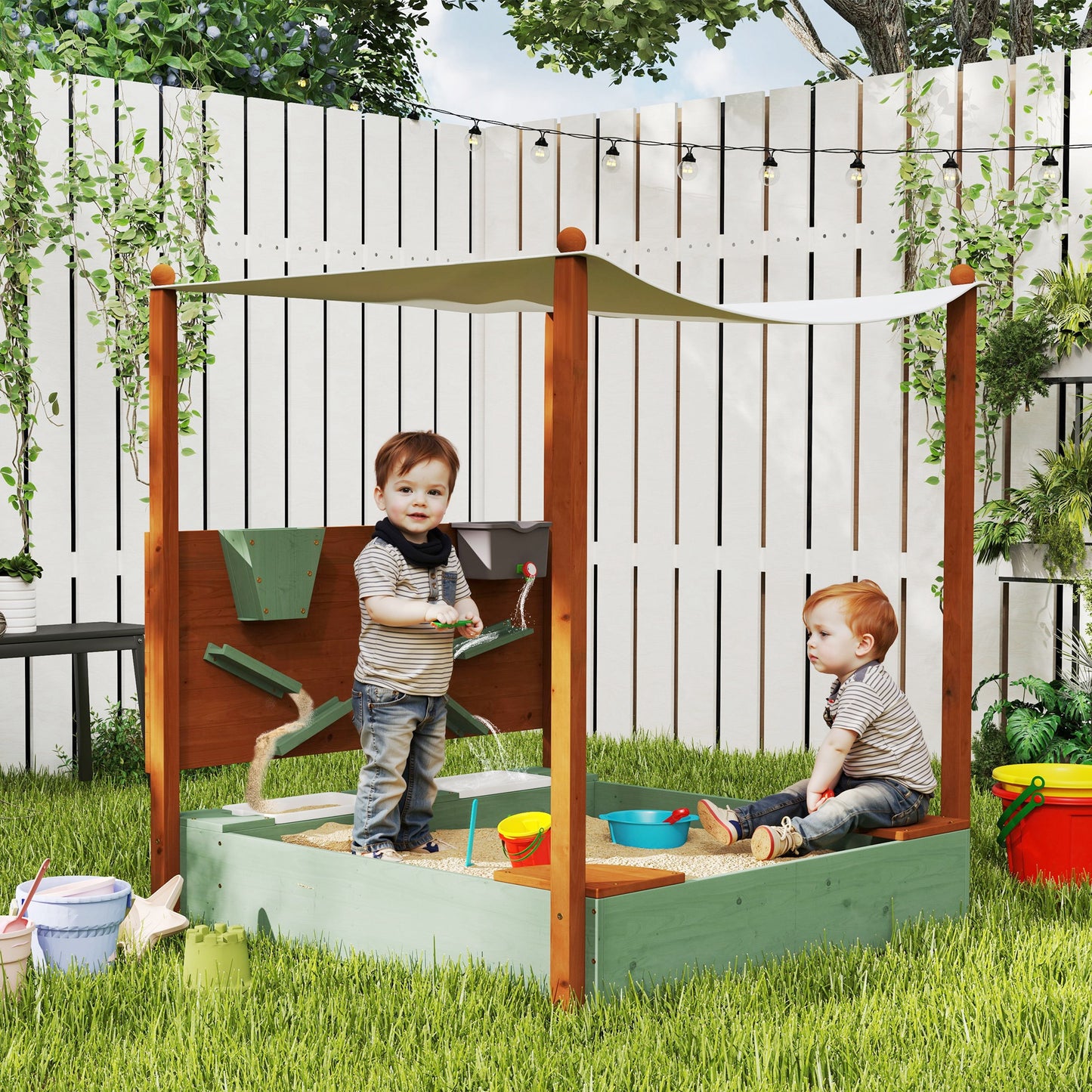 AIYAPLAY Wood Sandpit with Canopy, Storage Bins, Funnel, Liner, Chutes, Bucket with Tap, 116 x 112.5 x 128 cm, Green