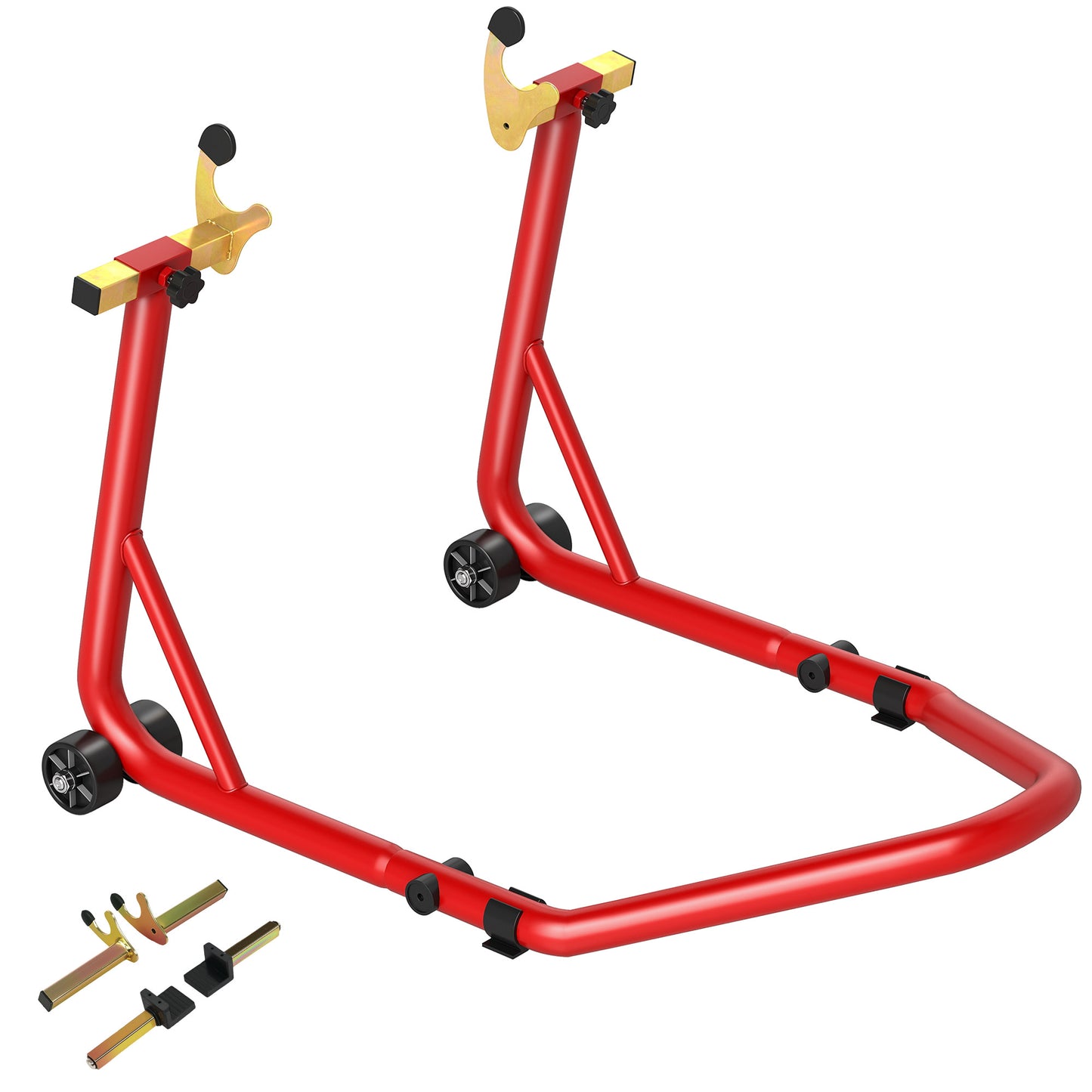 Photo of HOMCOM Motorcycle Rear Wheel Stand, 544 kg Capacity Heavy Duty Steel Motorbike Motorcycle Paddock Stand Lift with Adjustable U + L Forks, Wheels, Non-Slip Pads for Workshop Garage Repair, Red in Red colour on a white background