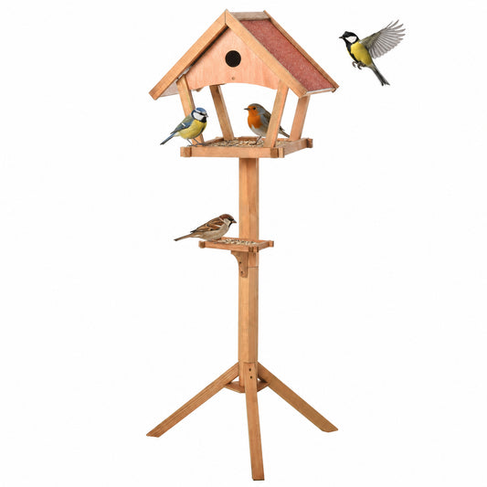 Photo of PawHut Wooden Bird Table Freestanding Feeding  Station for Garden Outside ,139H cm, Natural in Natural colour on a white background