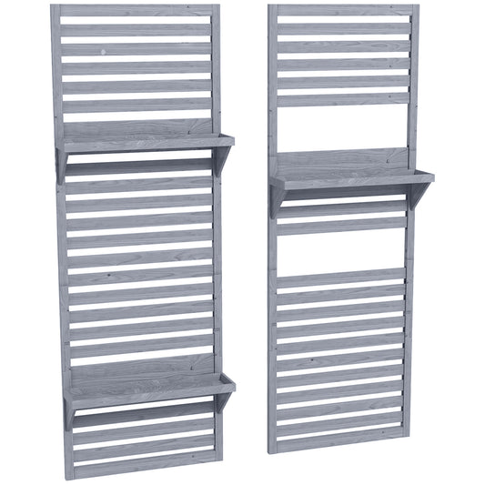 Photo of Outsunny Wall Mounted Plant Stands Set of 2, Fir Wood Flower Stand with Shelves and Slatted Trellis for Patio, Balcony, Porch in Porch colour on a white background