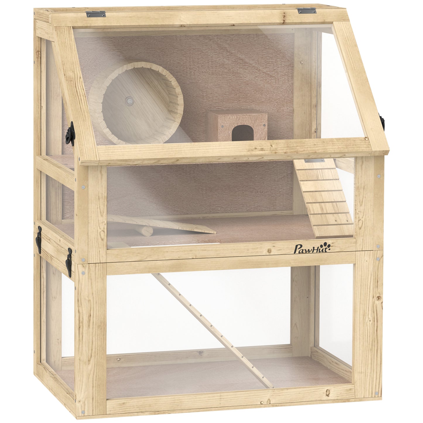Photo of PawHut Wooden Hamster Cage with Detachable 32cm Deep Bottom, Hut, Seesaw, Exercise Wheel, Ramp, 60 x 40 x 75cm, Natural in Natural colour on a white background