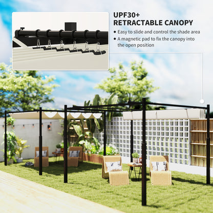 Metal pergola with retractable canopy and sliding hook mechanism detail
