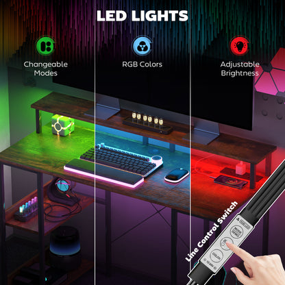 Computer desk with adjustable RGB LED lighting and wired control switch