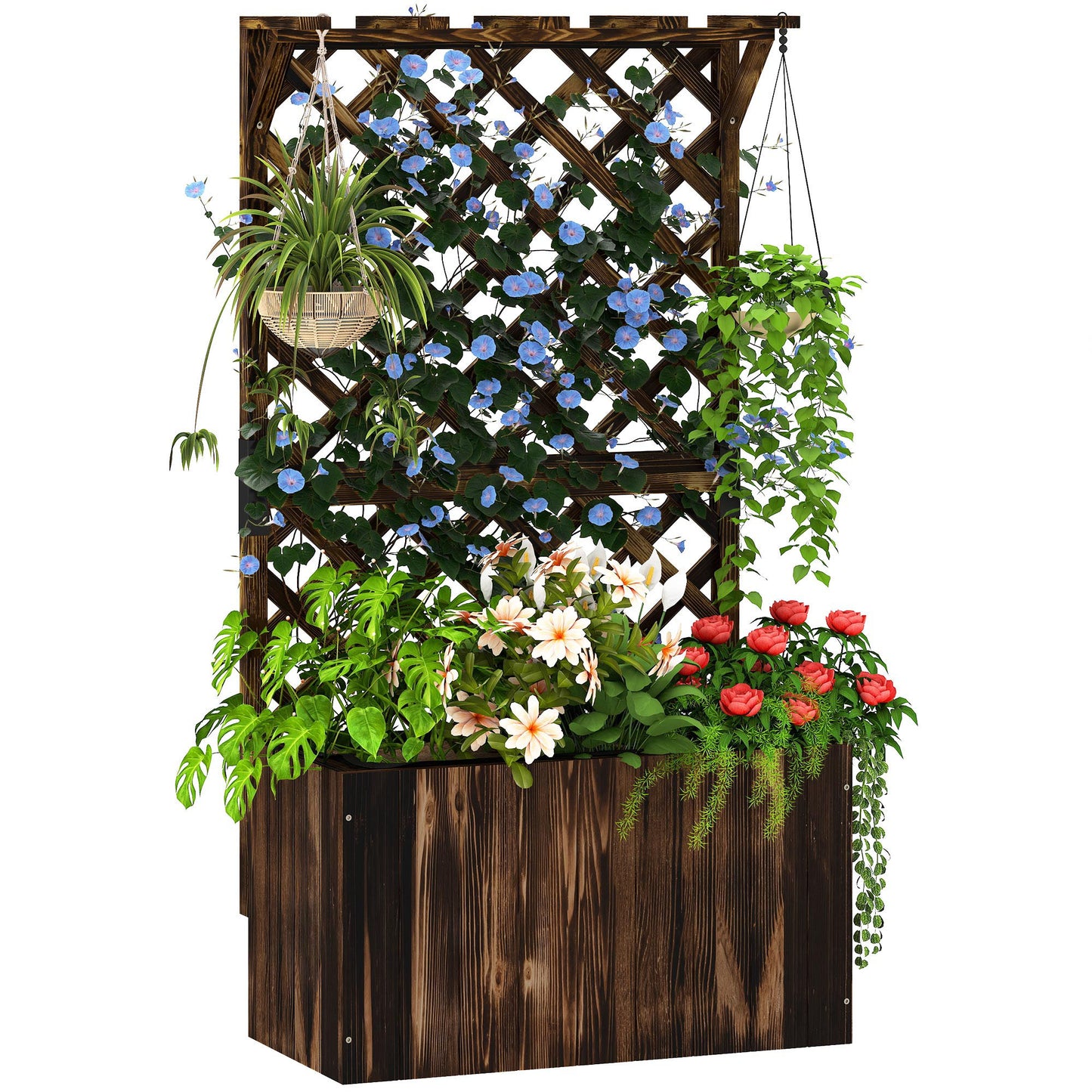 Photo of Outsunny Wooden Planter with Trellis, Freestanding Raised Garden Bed with Drainage Holes, Outdoor Planter Box with Liner for Vegetables, Herbs and Flowers, Carbonised in Carbonised colour on a white background