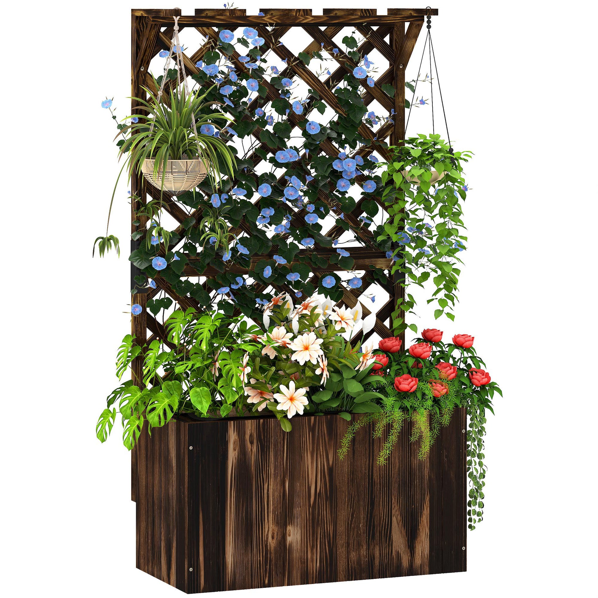 Photo of Outsunny Wooden Planter with Trellis, Freestanding Raised Garden Bed with Drainage Holes, Outdoor Planter Box with Liner for Vegetables, Herbs and Flowers, Carbonised in Carbonised colour on a white background