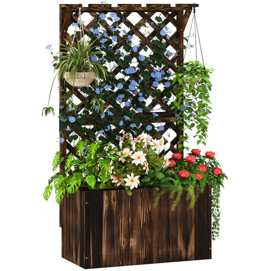 Photo of Outsunny Wooden Planter with Trellis, Freestanding Raised Garden Bed with Drainage Holes, Outdoor Planter Box with Liner for Vegetables, Herbs and Flowers, Carbonised in Carbonised colour on a white background