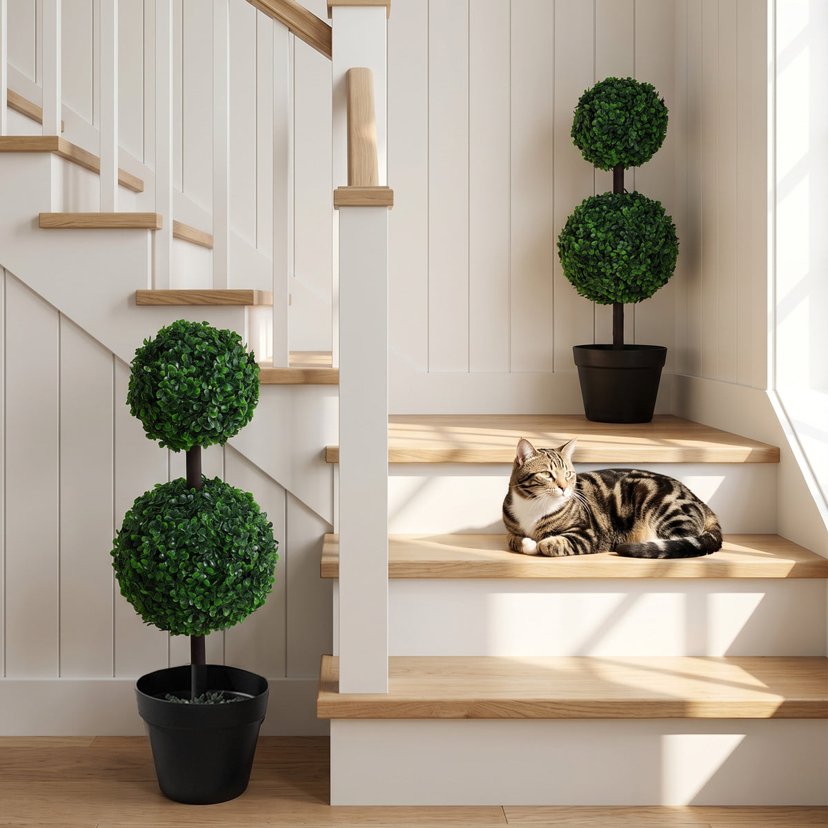 Outsunny artificial boxwood topiaries in black pots, styled on a staircase beside a cat