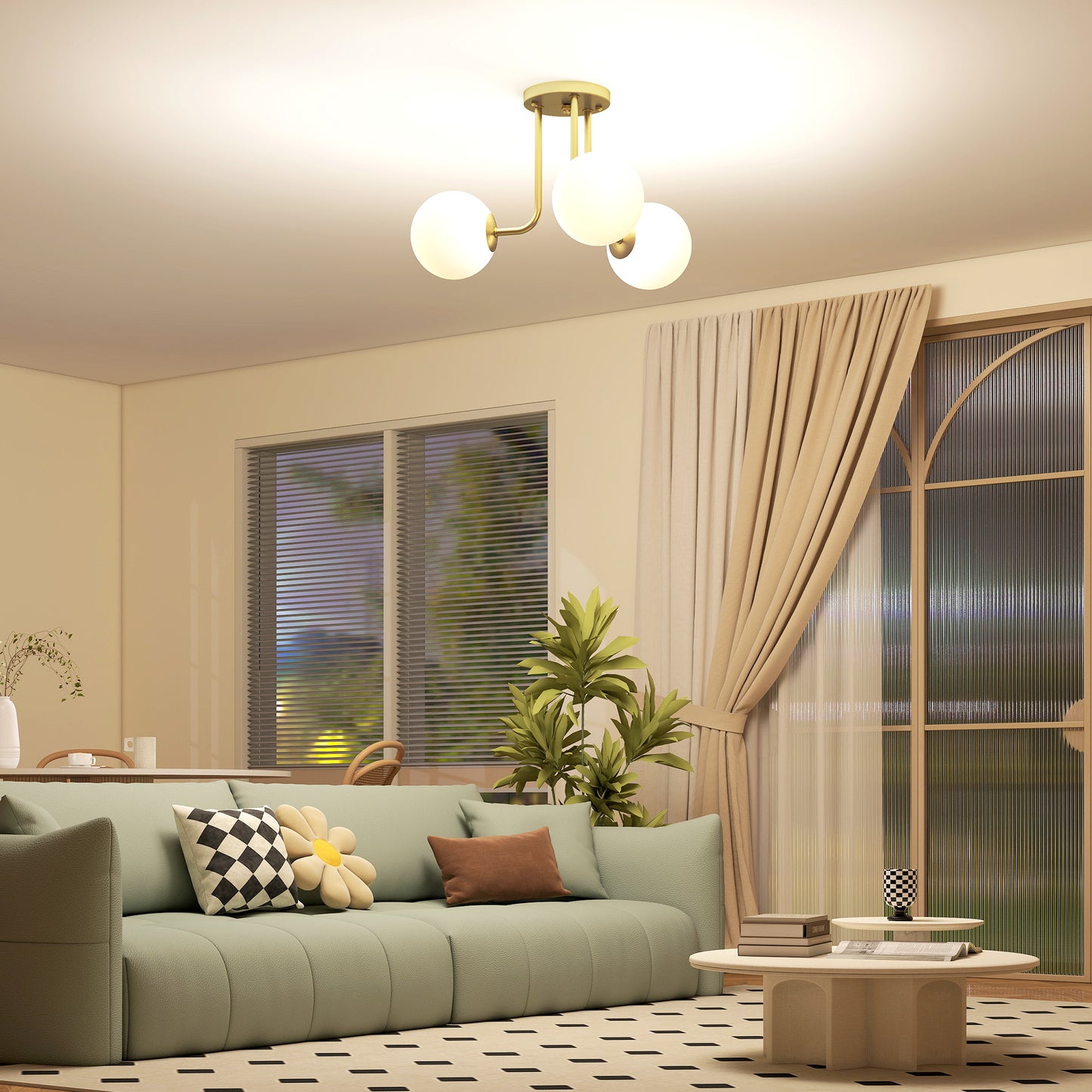HOMCOM LED Ceiling Light with Globe Shades, Modern 3-Light Ceiling Light with G9 Sockets for Living Room, Bedroom, Dining Room, Bulbs Not Included, Gold Tone