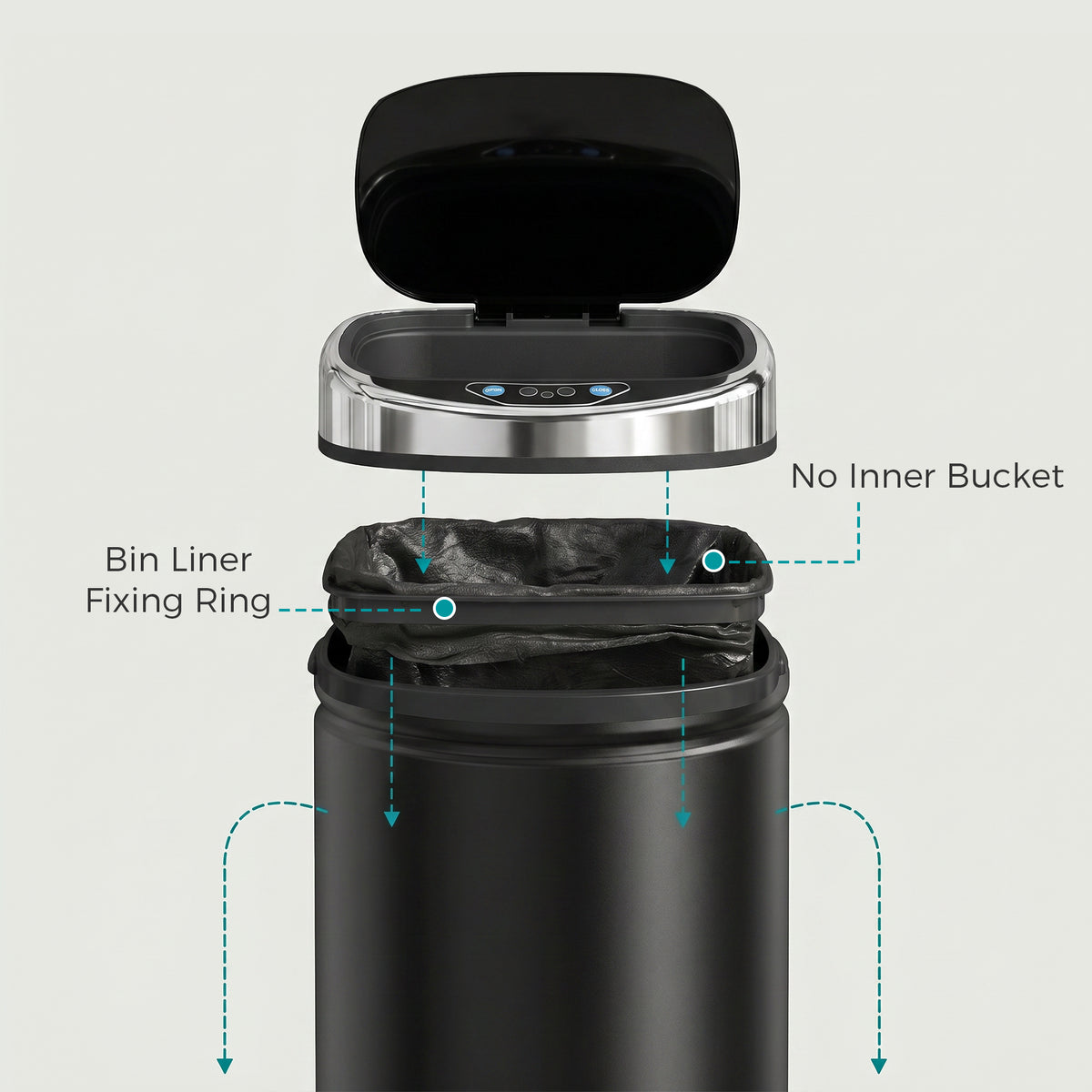 HOMCOM black sensor bin with lid and liner ring shown above the bin body