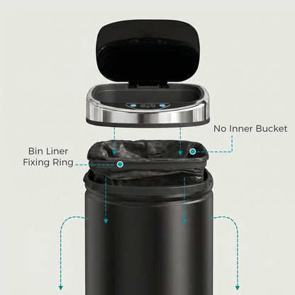 HOMCOM black sensor bin with lid and liner ring shown above the bin body