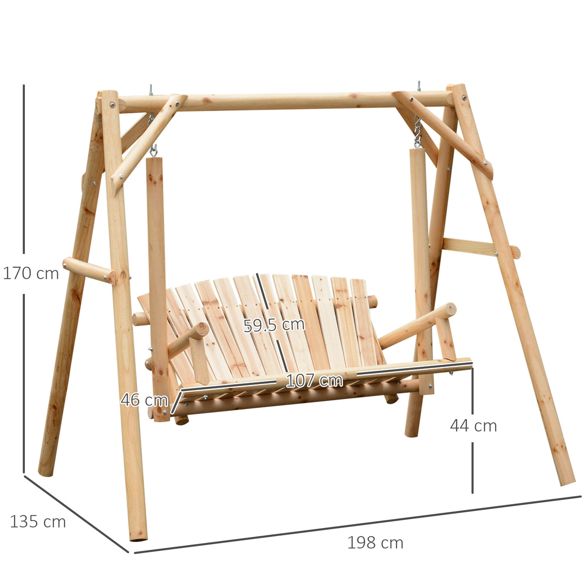 Outsunny 2 Seater Wooden Garden Swing Chair, Larch Wood Porch Swing Seat Bench Lounger for Outdoor Patio Garden, 300kg Capacity