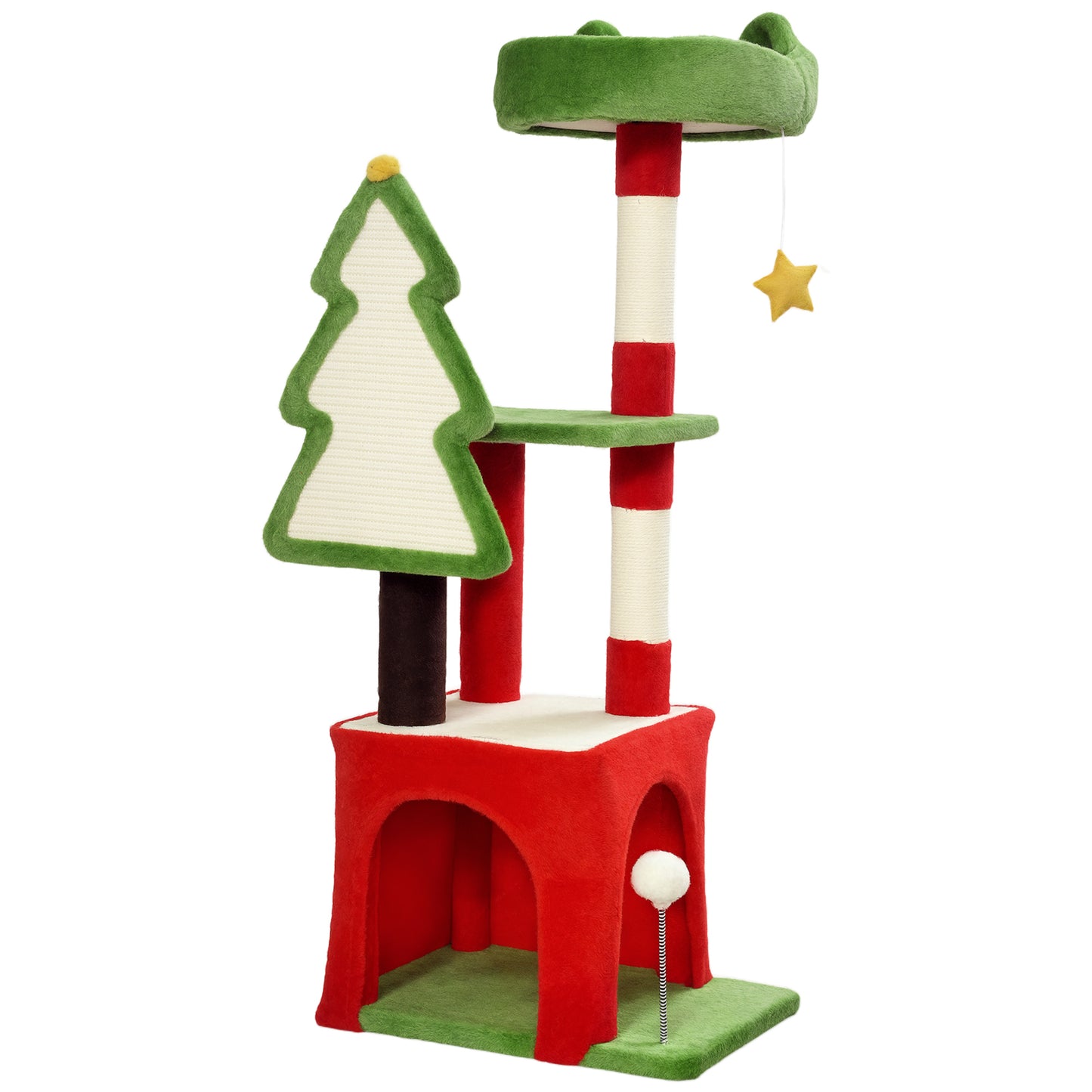 Photo of PawHut Christmas Cat Tree, 120cm Cat Tower with Scratching Post & Board, Platform, Toys, Green in Green colour on a white background