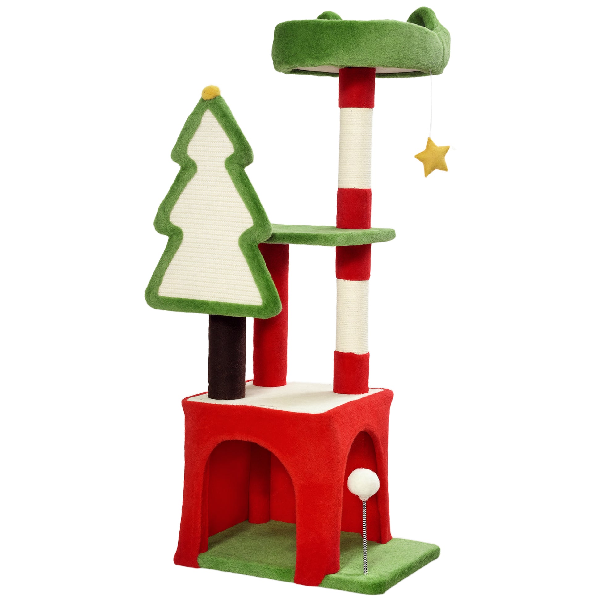 Photo of PawHut Christmas Cat Tree, 120cm Cat Tower with Scratching Post & Board, Platform, Toys, Green in Green colour on a white background
