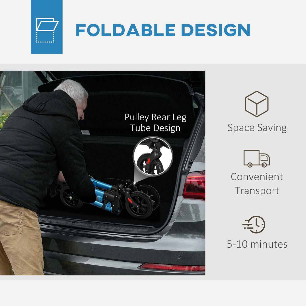 HOMCOM blue rollator folded for compact storage and transport