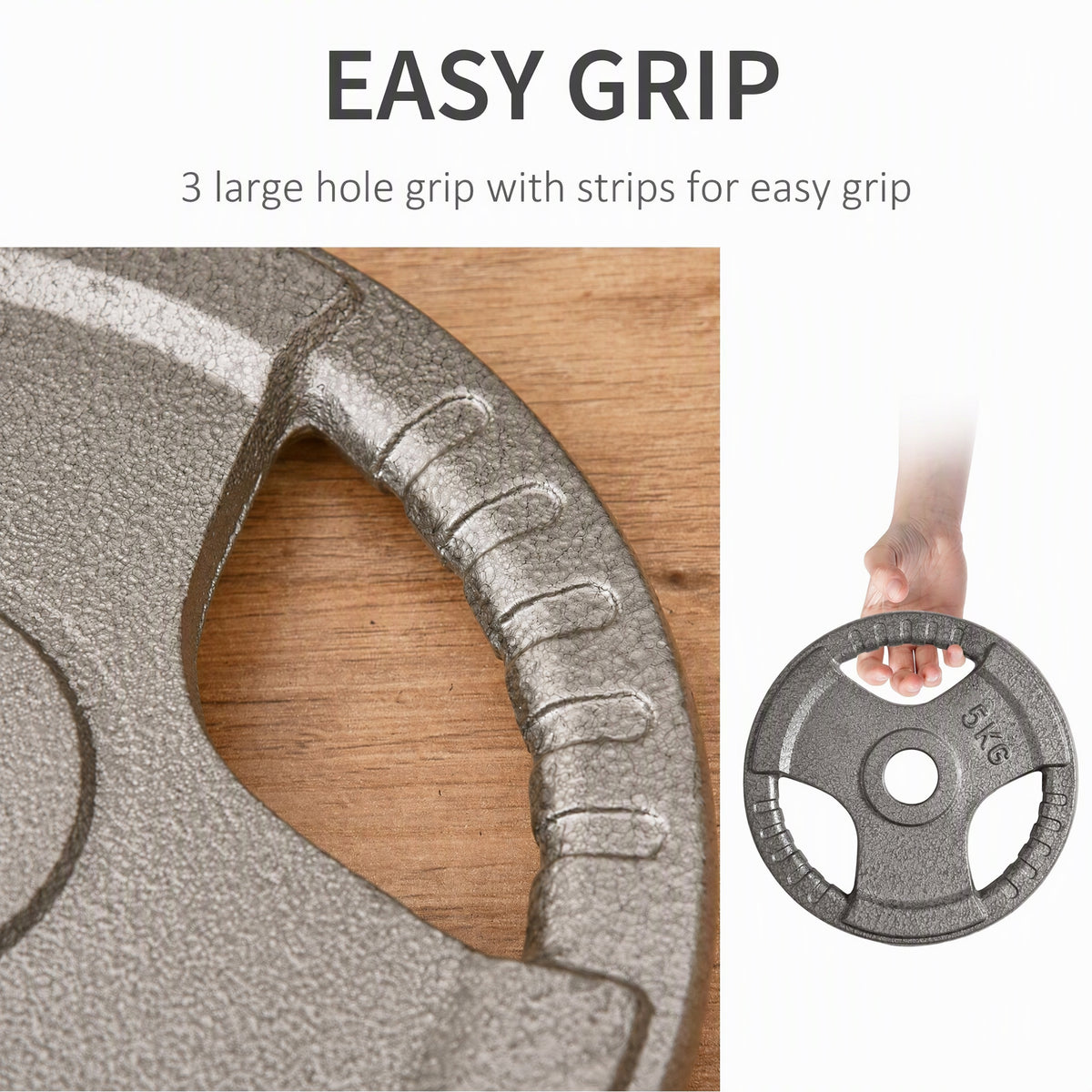 Cast iron weight plate close-up showing textured grip strips and three hand holes