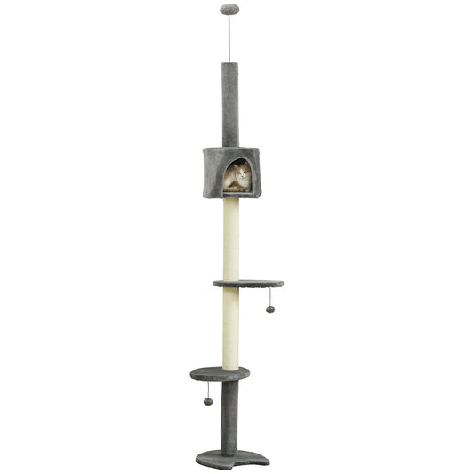 Photo of PawHut Floor to Ceiling Cat Tree for Indoor Cats, Kitten Tower, Condo, Multi-Layer Activity Center, Indoor Pet Play House with Solid Scratching Post Hanging Balls, Light Grey in Grey colour on a white background