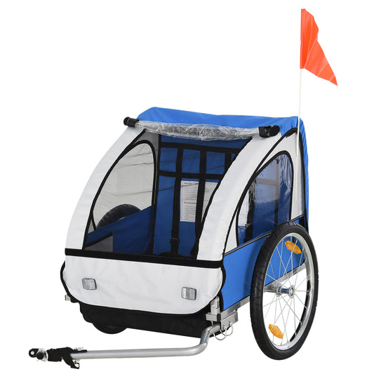 Photo of HOMCOM 2 Seat Bike Trailer Bicycle wagon for Kids Child Steel Frame Safety Harness Seat Carrier Hitch Coupler Blue White 130 x 76 x 88 cm in cm colour on a white background