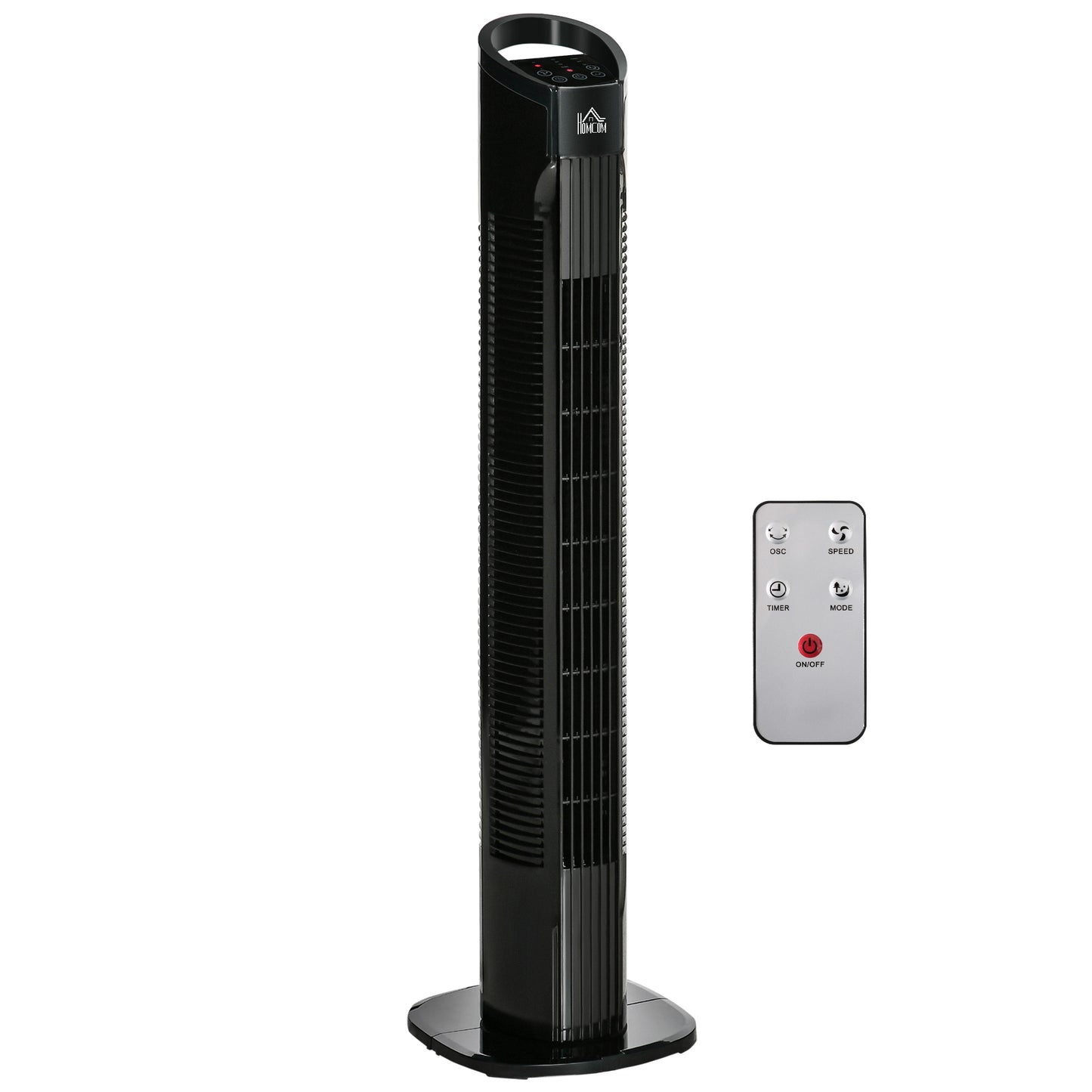Photo of HOMCOM 31" Freestanding Tower Fan, 3 Speed 3 Mode, 7.5H Timer, Oscillating, LED Panel, Remote Control, 31 Inch Standing Fan, Black in Black colour on a white background