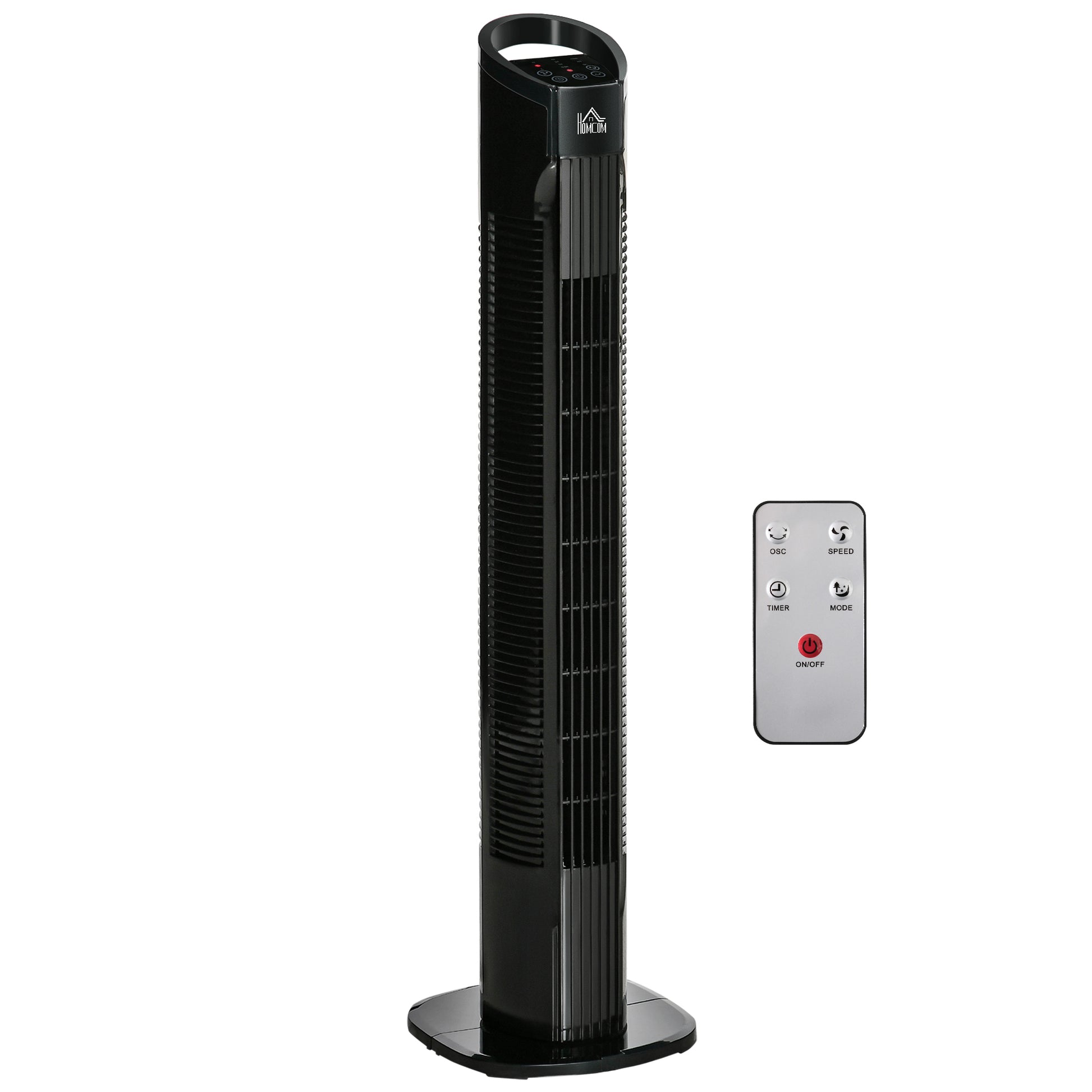Photo of HOMCOM 31" Freestanding Tower Fan, 3 Speed 3 Mode, 7.5H Timer, Oscillating, LED Panel, Remote Control, 31 Inch Standing Fan, Black in Black colour on a white background