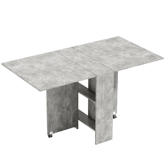 Photo of HOMCOM 80-140 cm Folding Dining Table for 4-6 People, Drop Leaf Table with 2-Tier Shelves, Rolling Casters, for Small Spaces, Kitchen, Flat, Dining Room, Cement Grey in Grey colour on a white background