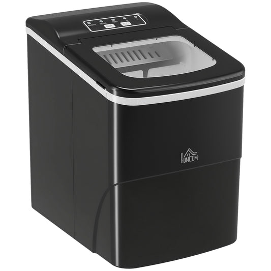 HOMCOM black countertop ice maker with silver trim, control panel and clear viewing window