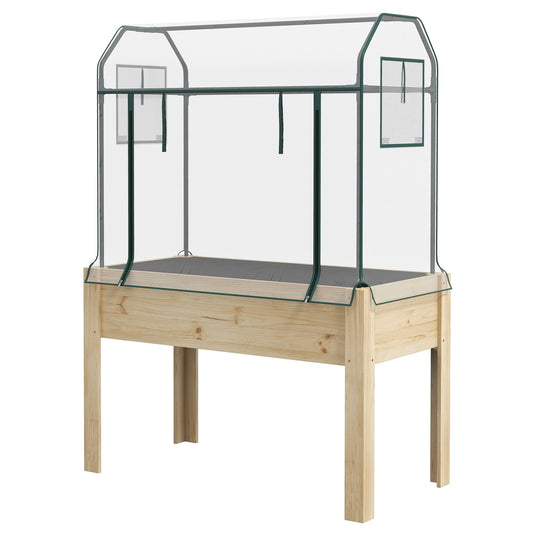 Photo of Outsunny Wooden Planter Box with Greenhouse Cover and Bed Liner, Raised Garden Bed for Vegetables, Flowers, Herbs in Herbs colour on a white background