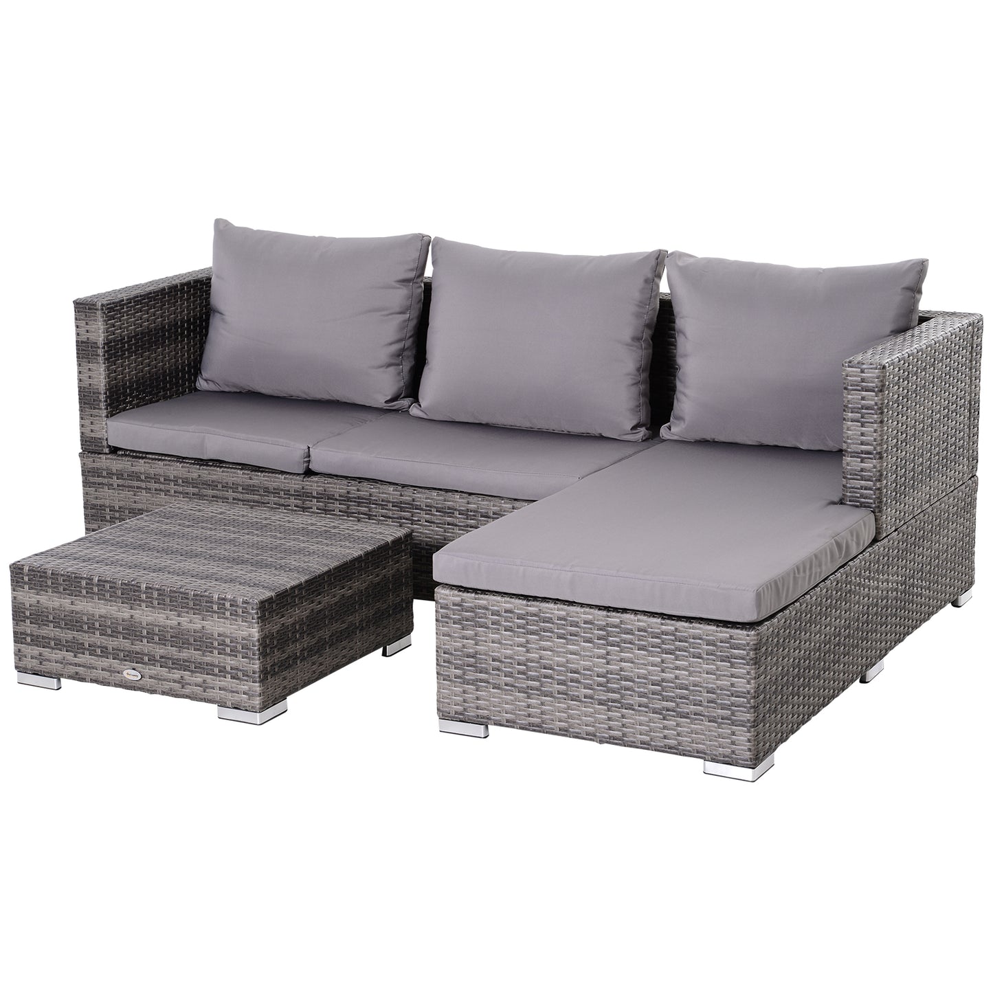 Photo of Outsunny 3PC Rattan Garden Furniture Storage Sofa Set, 4 Seater Wicker Coffee Table Conservatory Sun Lounger Reclining Set with Cushion, Grey in Grey colour on a white background