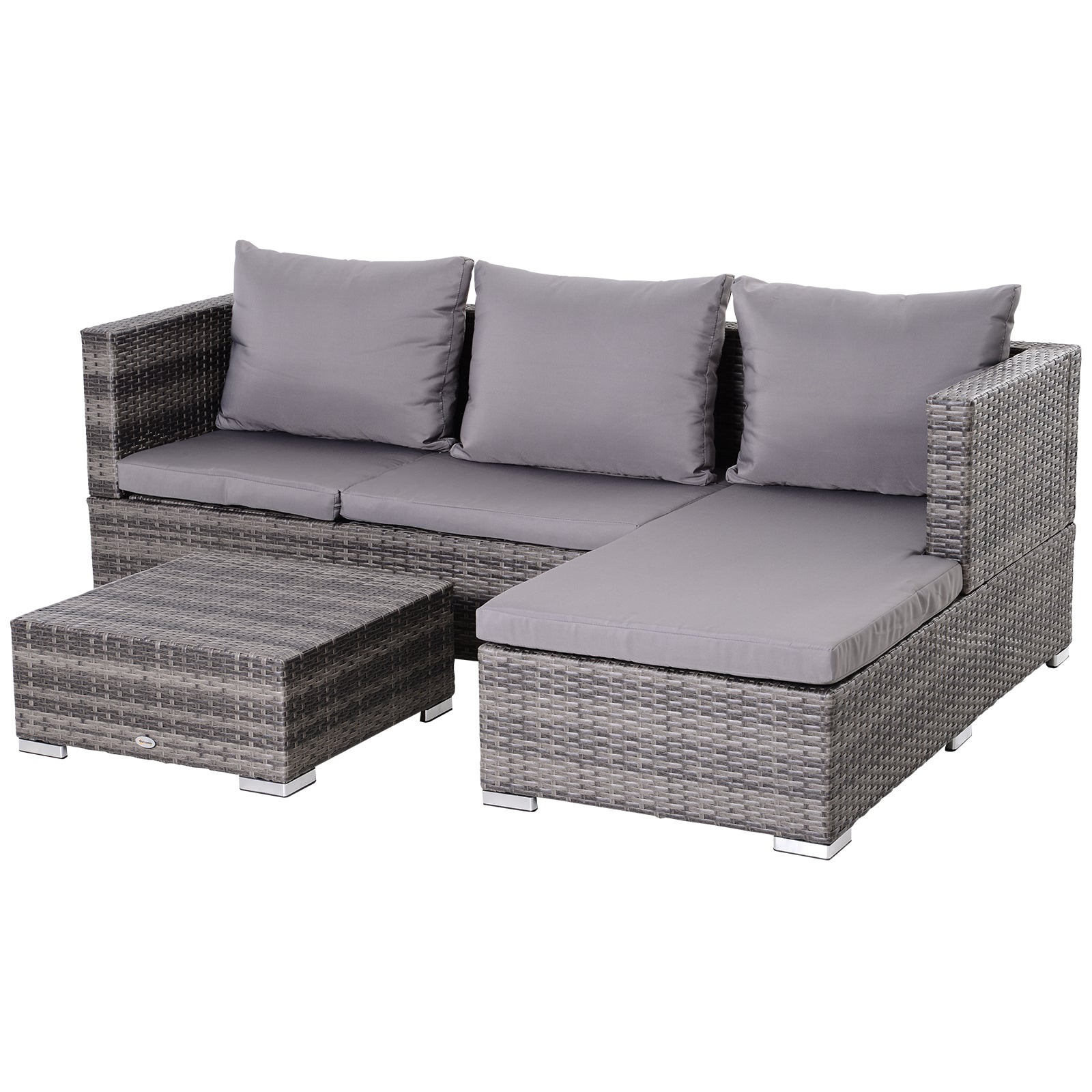 Photo of Outsunny 3PC Rattan Garden Furniture Storage Sofa Set, 4 Seater Wicker Coffee Table Conservatory Sun Lounger Reclining Set with Cushion, Grey in Grey colour on a white background